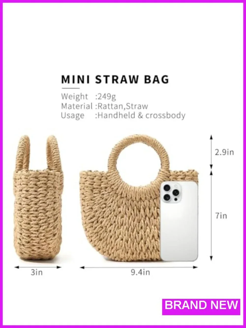 Straw Woven Crossbody Tote Bag Handmade Beach Summer Travel